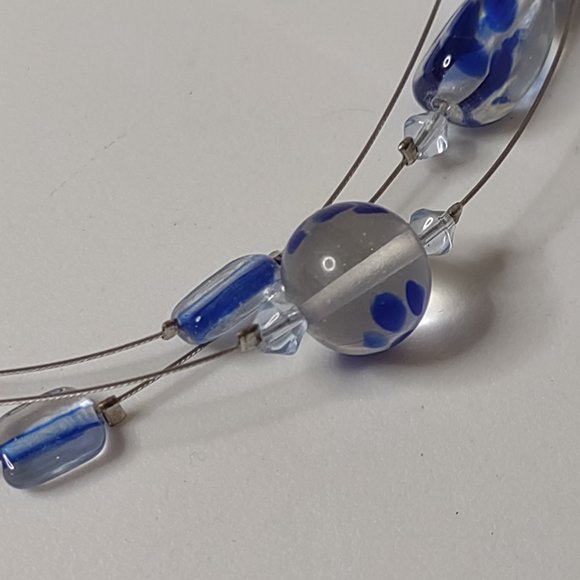 Blue And Clear Glass Bead And Wire Necklace Adjustable 15.5 To 18 Inches Long - Picture 6 of 12